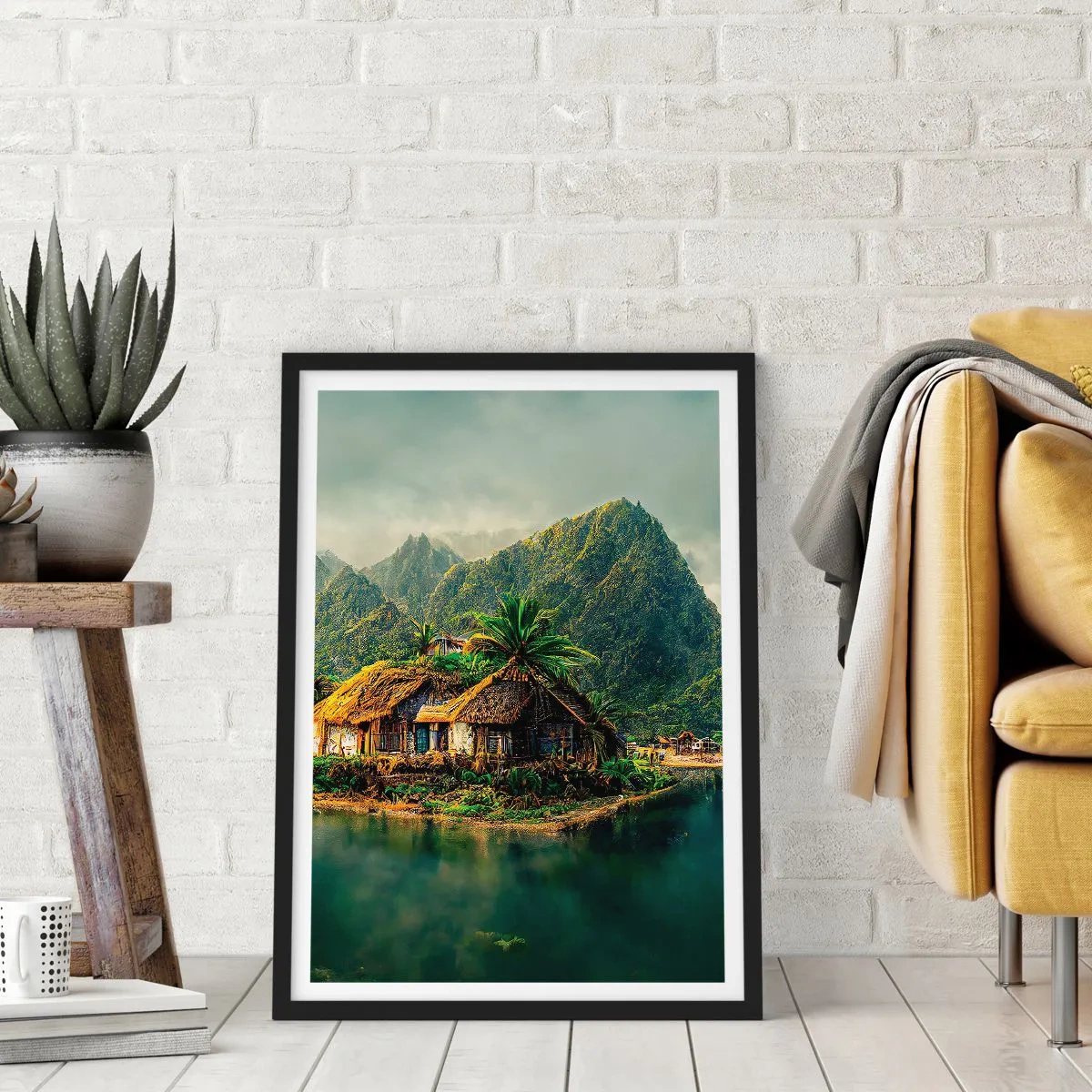 Plagát v čiernom ráme - Tropická chata s horami a jazerom v pozadí - 50x70cm - Tropický raj - Moderná nástenná dekorácia do obývacej izby a spálne ARTTOR