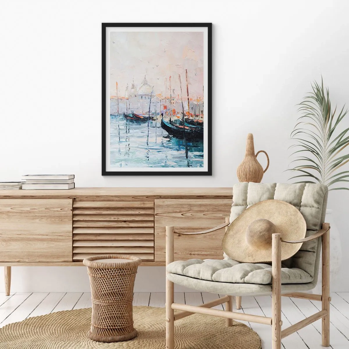 Plagát v čiernom ráme - Benátky s gondolami v impresionistickom maliarskom štýle - 50x70cm - Za vodou, za hmlou - Moderná nástenná dekorácia do obývacej izby a spálne ARTTOR