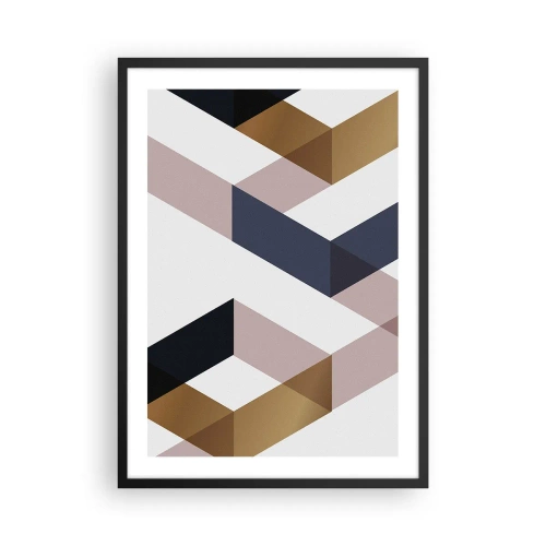 Plagát v čiernom ráme - Geometrické tvary v odtieňoch zlatej, čiernej a béžovej - 50x70cm - Roviny a uhly - Moderná nástenná dekorácia do obývacej izby a spálne ARTTOR