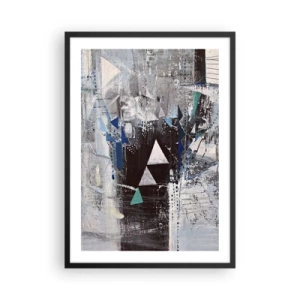 Plagát v čiernom ráme - Abstraktná geometrická kompozícia v odtieňoch sivej a modrej - 50x70cm - Prednostné poradie trojuholníkov - Moderná nástenná dekorácia do obývacej izby a spálne ARTTOR