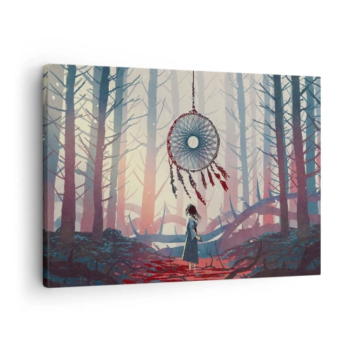 Obraz na plátne - Lesná scéna s obrovským lapačom snov - 70x50cm - Tajný rituál šťastia - Moderná nástenná dekorácia do obývacej izby a spálne ARTTOR