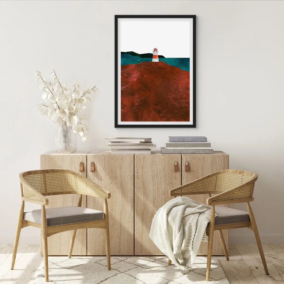 Plagát v čiernom ráme - Minimalistická krajina s majákom na kopci - 50x70cm - Hľadiaca na more - Moderná nástenná dekorácia do obývacej izby a spálne ARTTOR