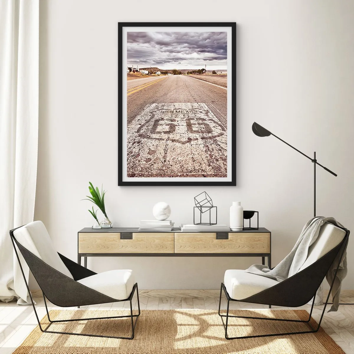 Plagát v čiernom ráme - Cesta so symbolom Route 66 vedúca cez púštnu krajinu - 50x70cm - Mother Road - americká legenda - Moderná nástenná dekorácia do obývacej izby a spálne ARTTOR
