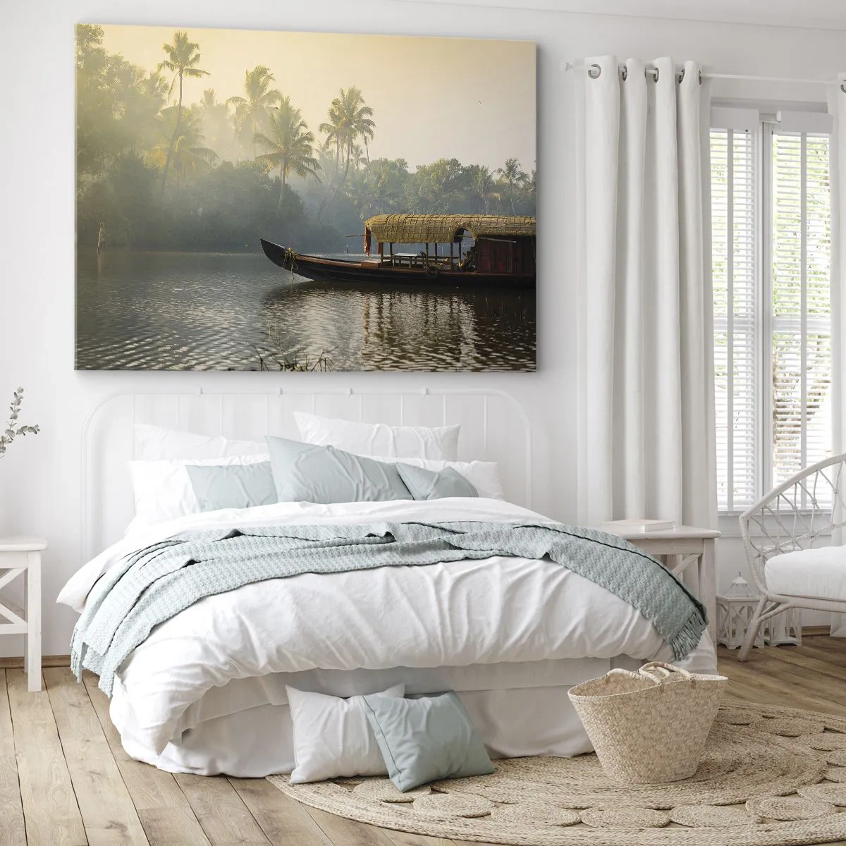 Obraz na plátne - Tradičná loď na pokojnej rieke medzi palmami - 70x50cm - Dom na rieke - Moderná nástenná dekorácia do obývacej izby a spálne ARTTOR