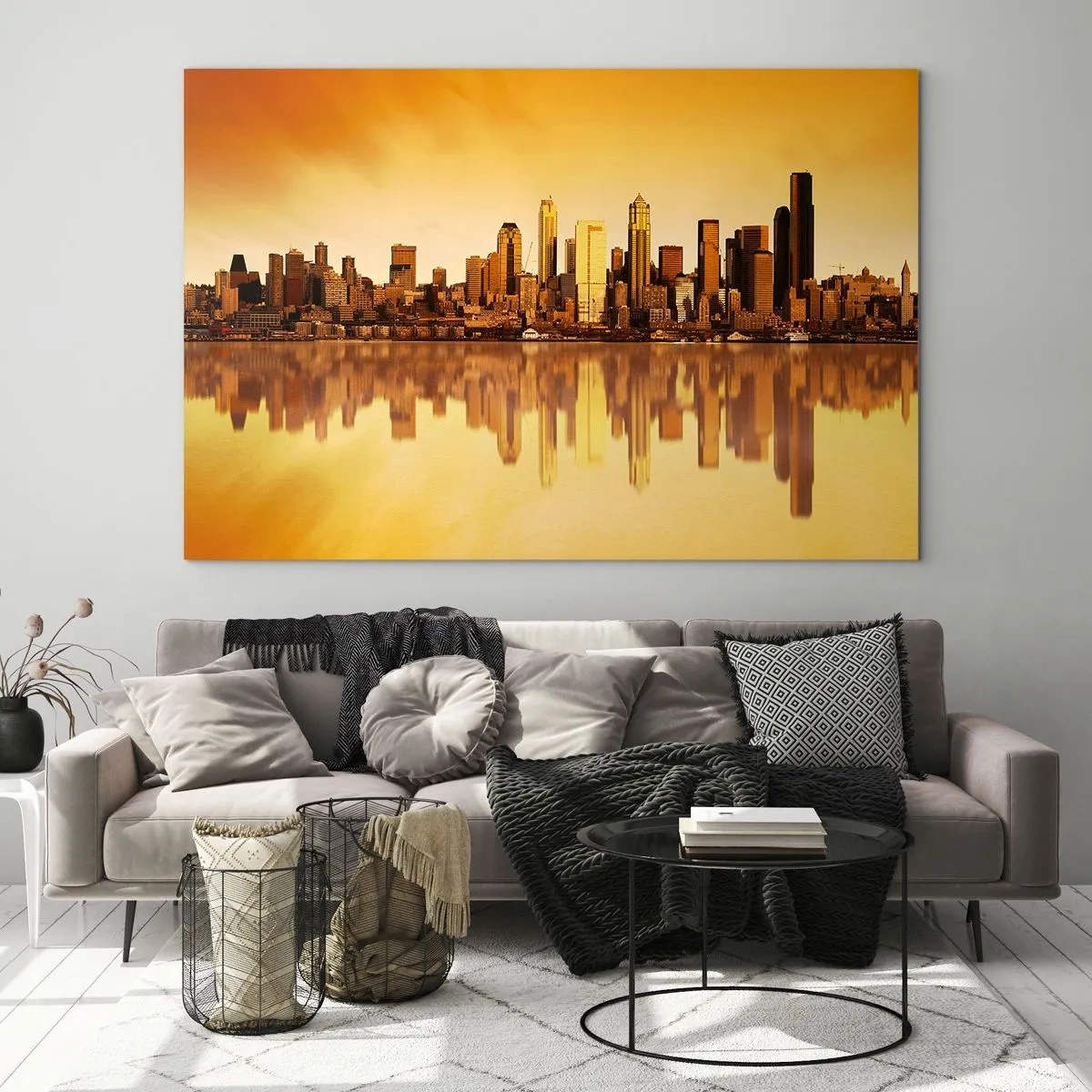Obraz na skle - Panoráma mesta v zlatom svetle západu slnka - 70x50cm - Ticho metropoly - Moderná nástenná dekorácia do obývacej izby a spálne ARTTOR