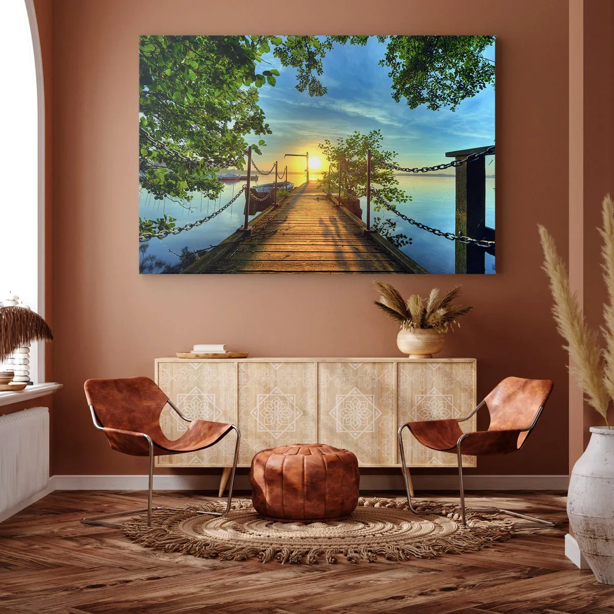 Obraz na plátne - Mólo nad jazerom v lúčoch západu slnka - 70x50cm - Západ pri vode - Moderná nástenná dekorácia do obývacej izby a spálne ARTTOR