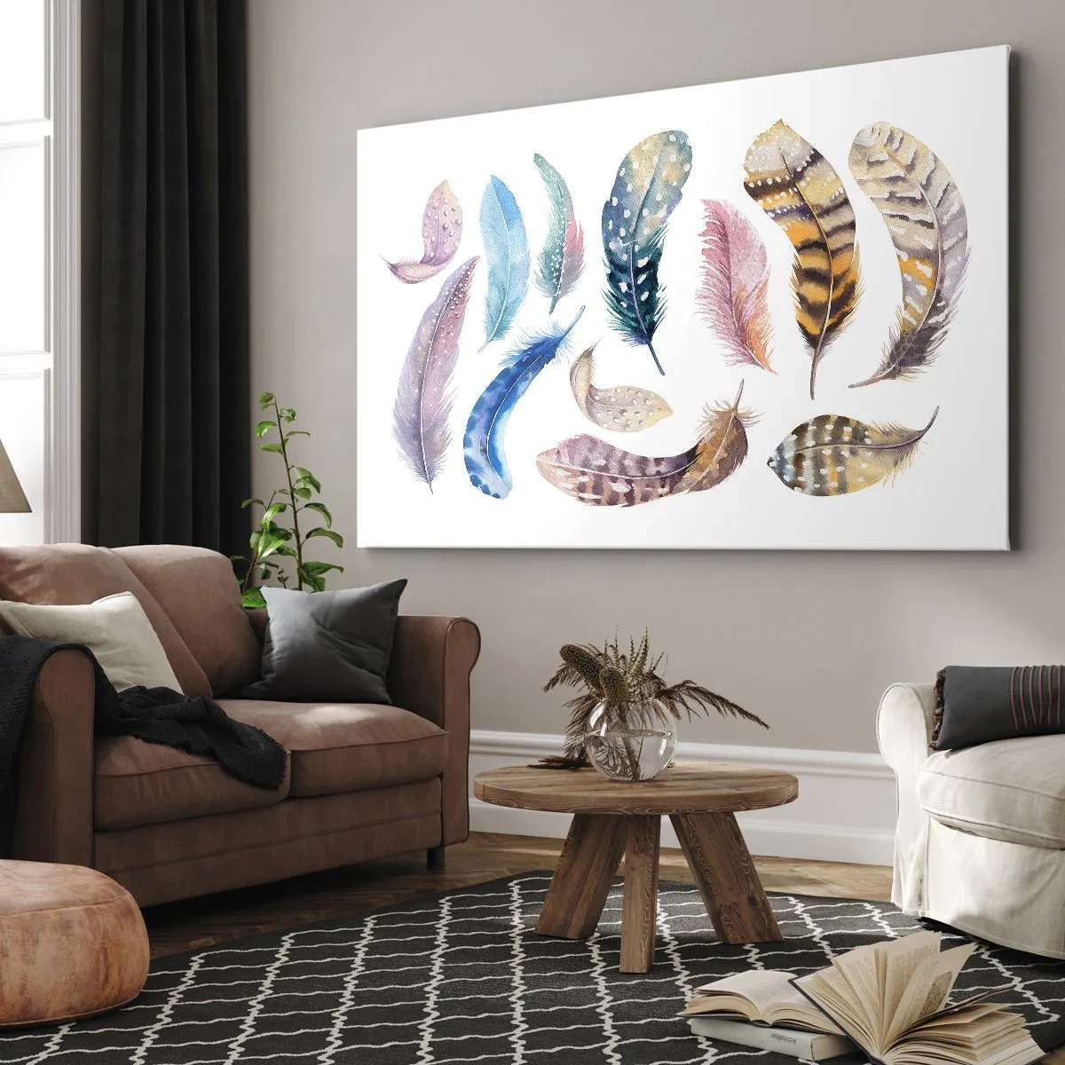 Obraz na plátne - Farebné perie v jemnom akvarelovom štýle - 70x50cm - Ľahké, strakaté a viacfarebné - Moderná nástenná dekorácia do obývacej izby a spálne ARTTOR