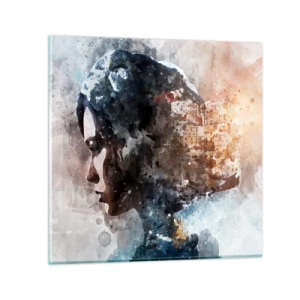 Obraz na skle - Príbeh o dievčati s mestom v pozadí - 60x60 cm