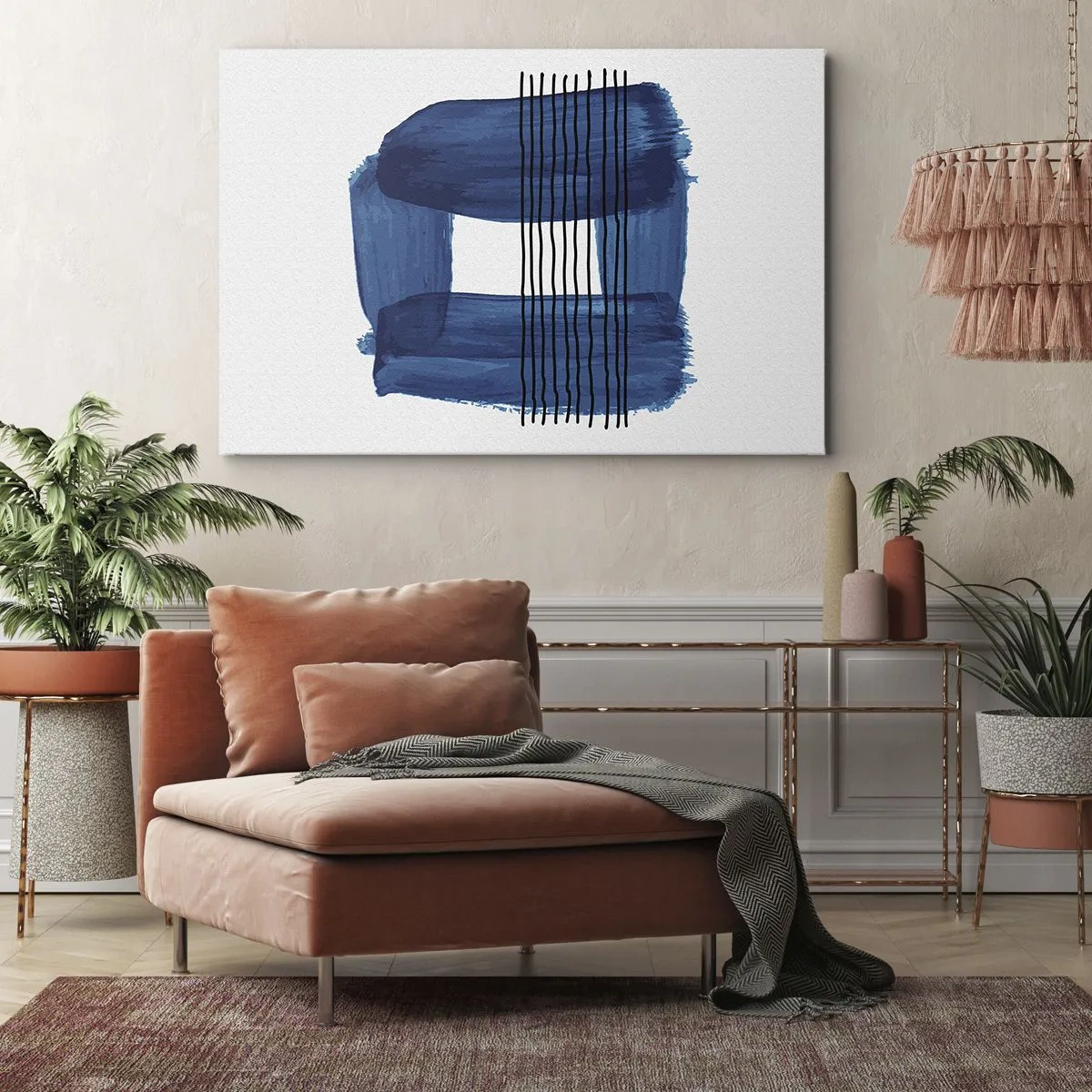 Obraz na plátne - Abstraktný vzor v odtieňoch modrej s čiernymi čiarami - 70x50cm - Modročierna kompozícia - Moderná nástenná dekorácia do obývacej izby a spálne ARTTOR