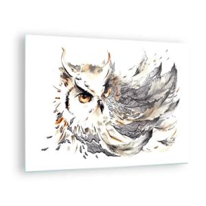 Obraz na skle - Sova s umeleckým perím v odtieňoch oranžovej a sivej. - 70x50cm - Prišla zo sveta kúziel - Moderná nástenná dekorácia do obývacej izby a spálne ARTTOR