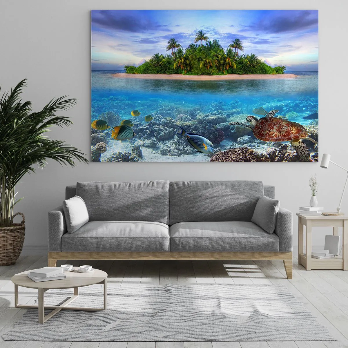 Obraz na skle - Tropický ostrov s koralovým útesom a morským životom - 70x50cm - Nebeský ostrov pozýva - Moderná nástenná dekorácia do obývacej izby a spálne ARTTOR