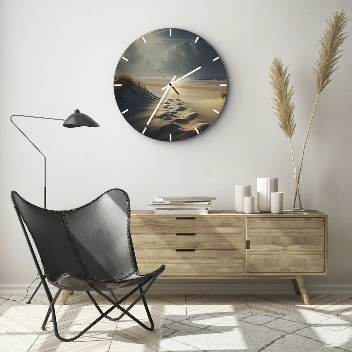 Nástenné hodiny - Piesočné duny osvetlené slnečnými lúčmi s výhľadom na horizont - 30x30cm - Upokojujúca krajina - Moderná nástenná dekorácia do obývacej izby, kuchyne a spálne ARTTOR