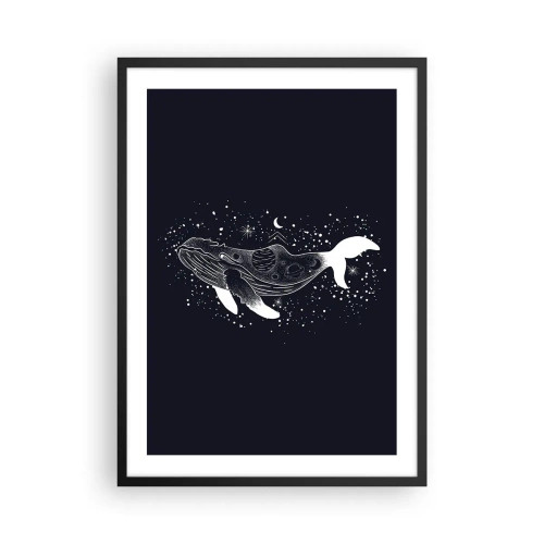 Plagát v čiernom ráme - Vesmírna veľryba v grafickom štýle na čiernom pozadí - 50x70cm - V oceáne vesmíru - Moderná nástenná dekorácia do obývacej izby a spálne ARTTOR