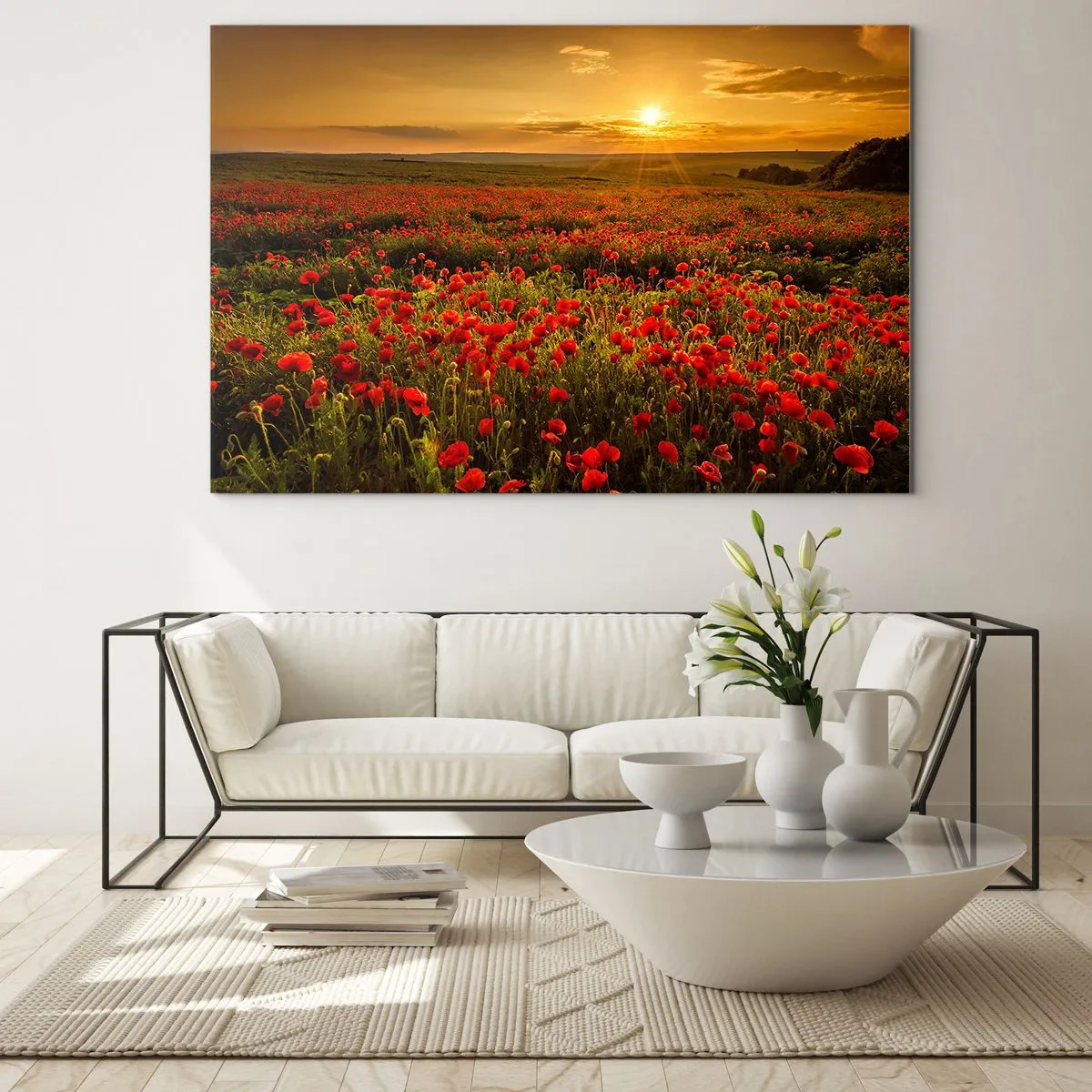 Obraz na skle - Makové pole osvetlené lúčmi zapadajúceho slnka - 70x50cm - Medzi vlnami šumiacich lúk, medzi záplavou kvetov - Moderná nástenná dekorácia do obývacej izby a spálne ARTTOR