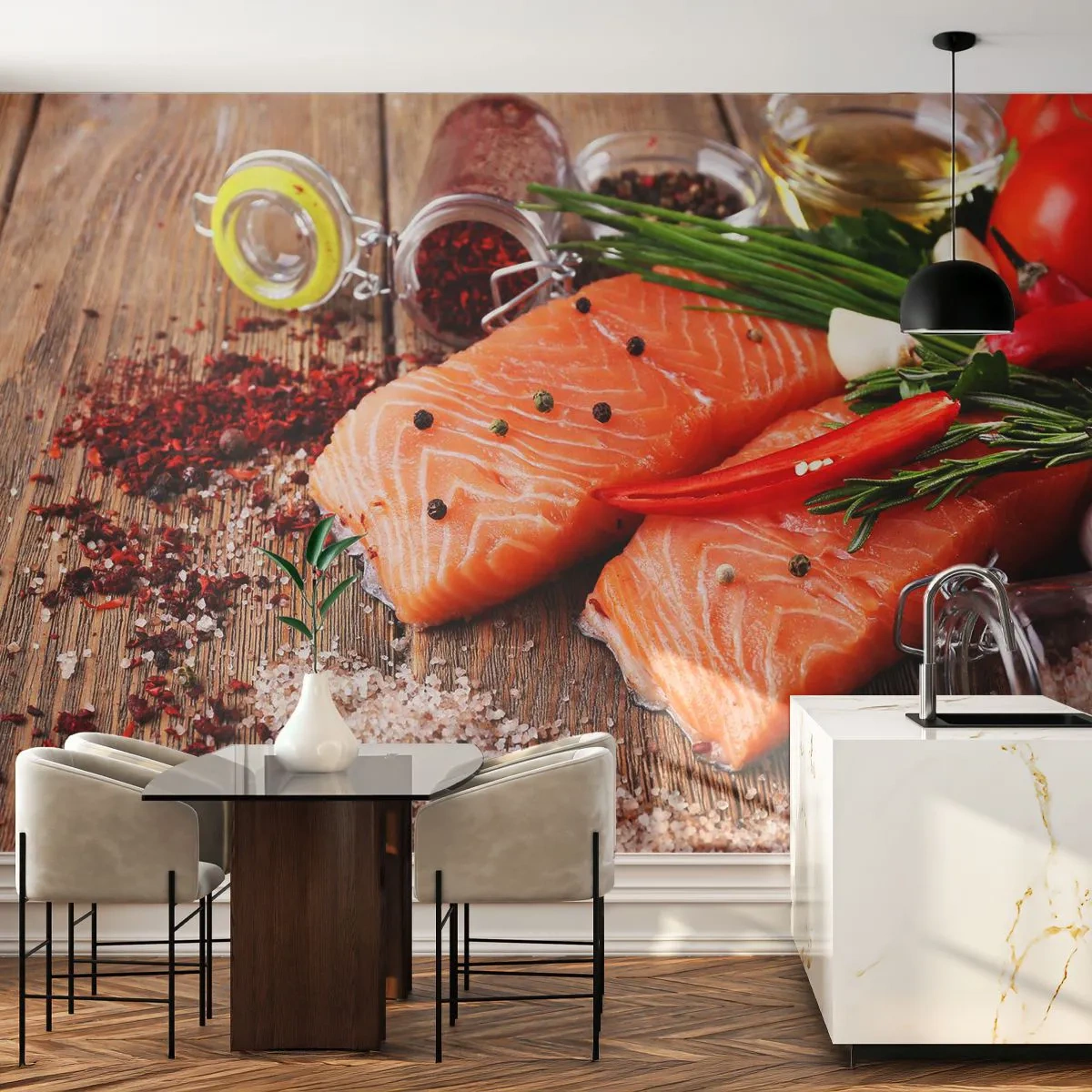 Fototapeta Premium Canvas - Nórske dobrodružstvo v kuchyni - Gastronómia, Losos, Korenie - 250x175 cm