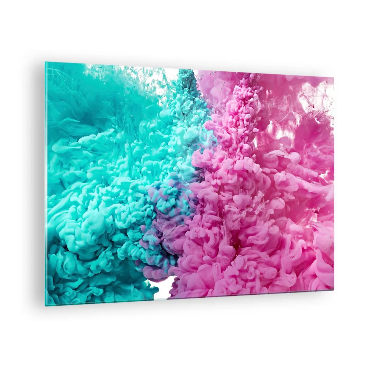 Obraz na skle - Farebné atramentové oblaky v ružovej a tyrkysovej farbe - 70x50cm - Rozhodujúci stret - Moderná nástenná dekorácia do obývacej izby a spálne ARTTOR