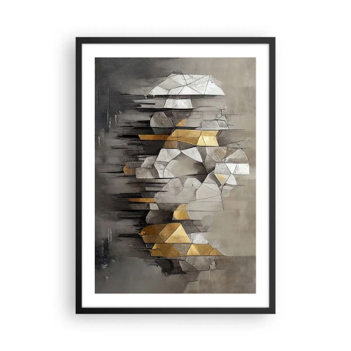 Plagát v čiernom ráme - Geometrická abstrakcia v odtieňoch sivej a zlatej - 50x70cm - Kompozícia z ľadu a svetla - Moderná nástenná dekorácia do obývacej izby a spálne ARTTOR