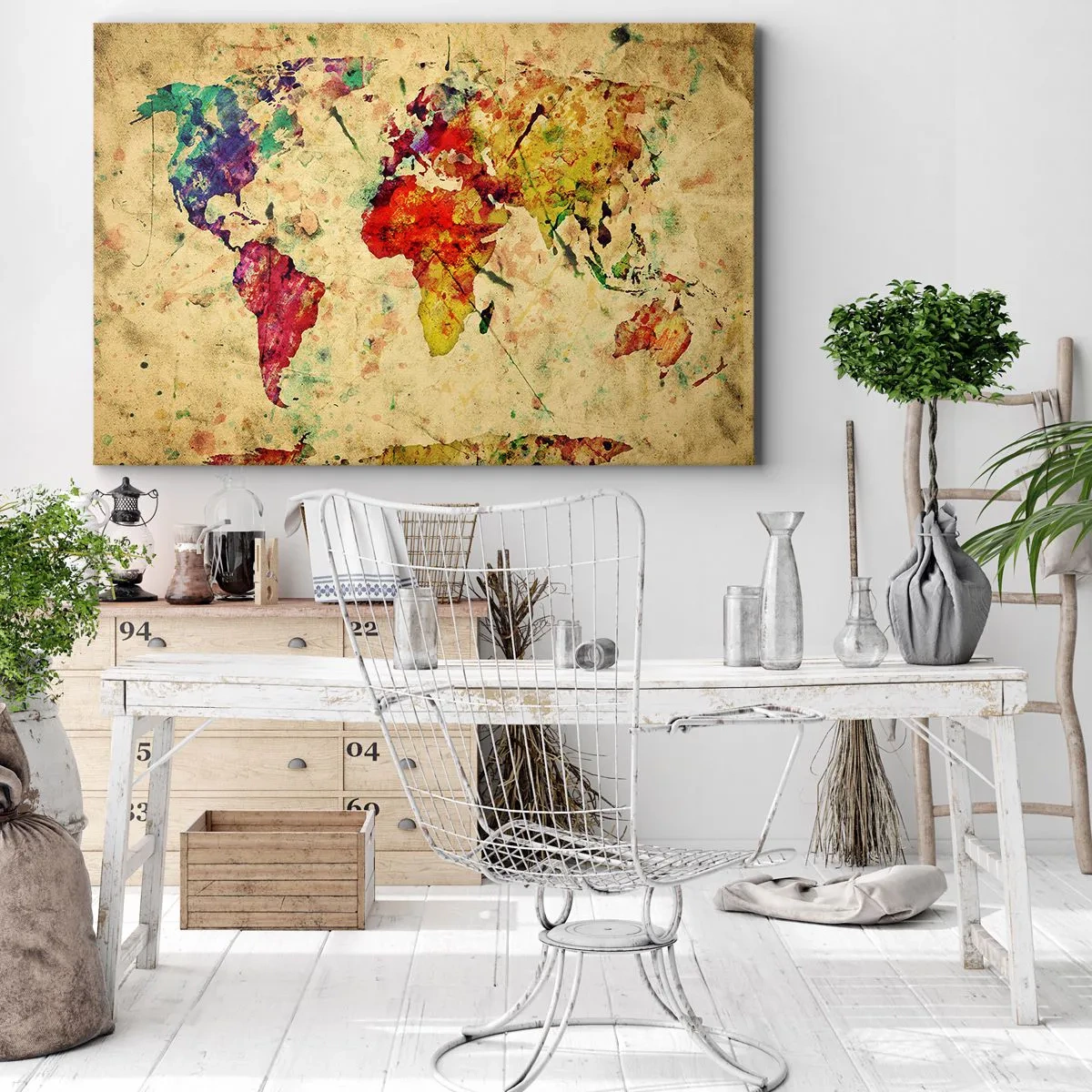 Obraz na plátne - Farebná, umelecká interpretácia mapy sveta - 70x50cm - Život je farebný ako papier mapy - Moderná nástenná dekorácia do obývacej izby a spálne ARTTOR