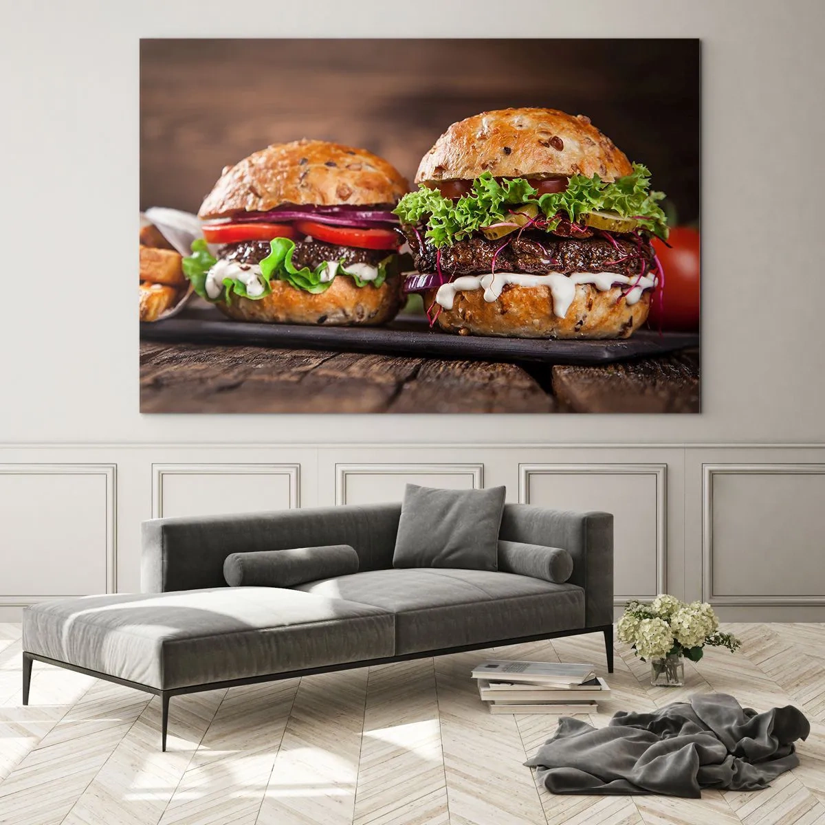 Obraz na skle - Chutné burgre so zeleninou a omáčkou - 70x50cm - American dream - Moderná nástenná dekorácia do obývacej izby a spálne ARTTOR