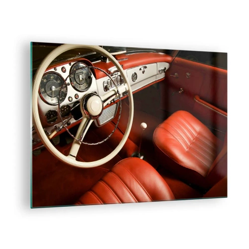 Obraz na skle - Interiér klasického auta s červenými sedadlami - 70x50cm - Luxus v štýle vintage - Moderná nástenná dekorácia do obývacej izby a spálne ARTTOR