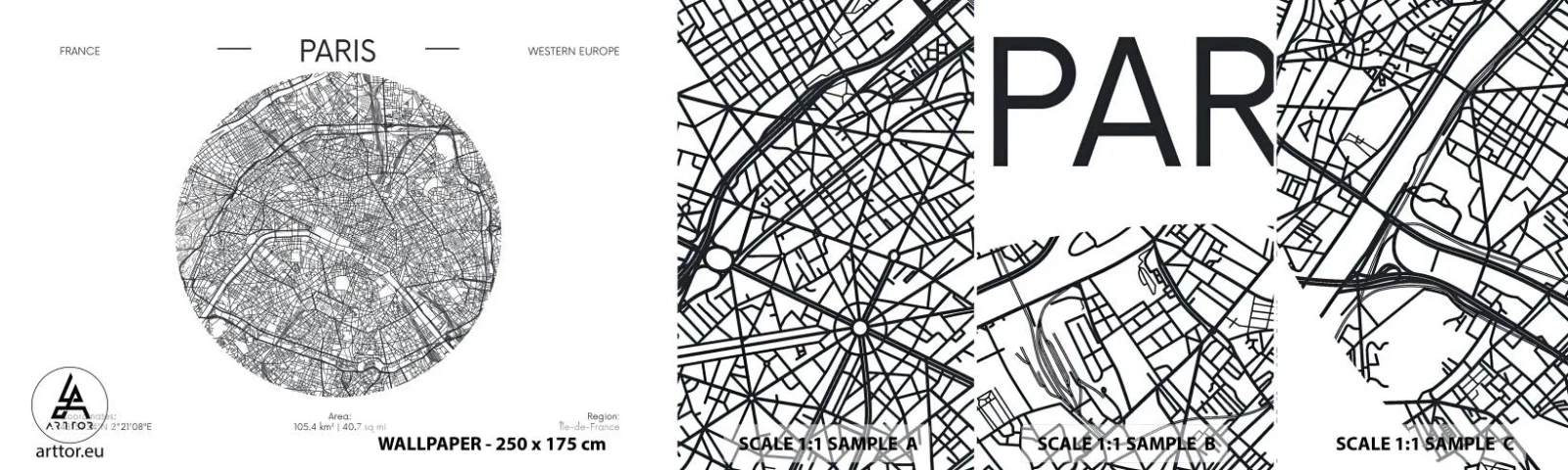 Vzorka samolepiacej fototapety Deluxe Sticker - Anatómia Paríža - Mapa, Paríž, Francúzsko - 100x30 cm