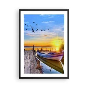 Plagát v čiernom ráme - Loď na jazere pri západe slnka s vtákmi v pozadí - 50x70cm - Dovidenia, do zajtrajška - Moderná nástenná dekorácia do obývacej izby a spálne ARTTOR
