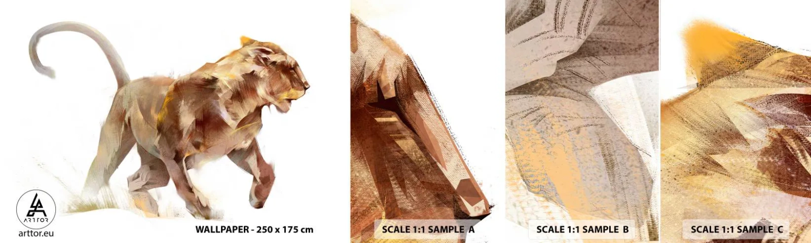 Vzorka samolepiacej fototapety Deluxe Sticker - Divoká elegancia - Zvieratá, Lev, Abstrakcia - 100x30 cm
