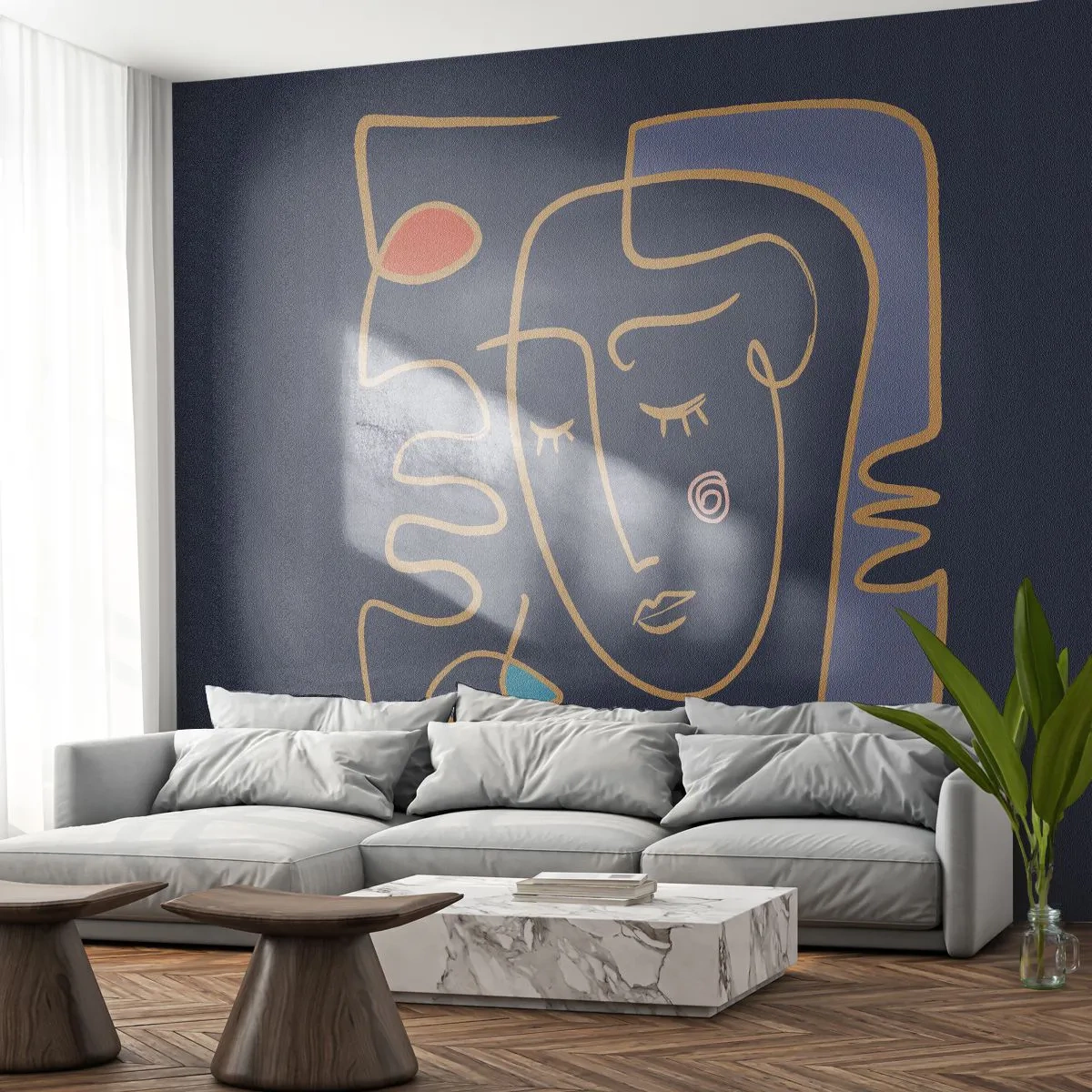 Fototapeta Standard Eco - Kontúrový portrét ženy na námorníckom modrom pozadí - 100x70cm - V zádumčivosti - Moderná nástenná dekorácia do obývacej izby a spálne ARTTOR