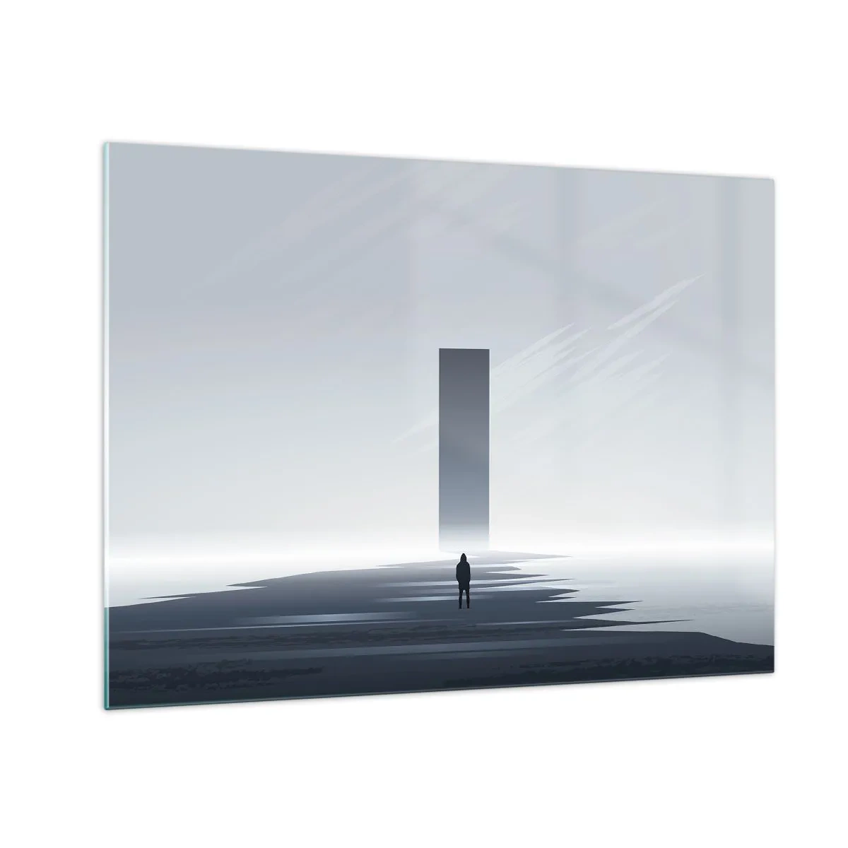 Obraz na skle - Minimalistická krajina s postavou a monolitom v diaľke. - 70x50cm - Príležitosť alebo hrozba? - Moderná nástenná dekorácia do obývacej izby a spálne ARTTOR