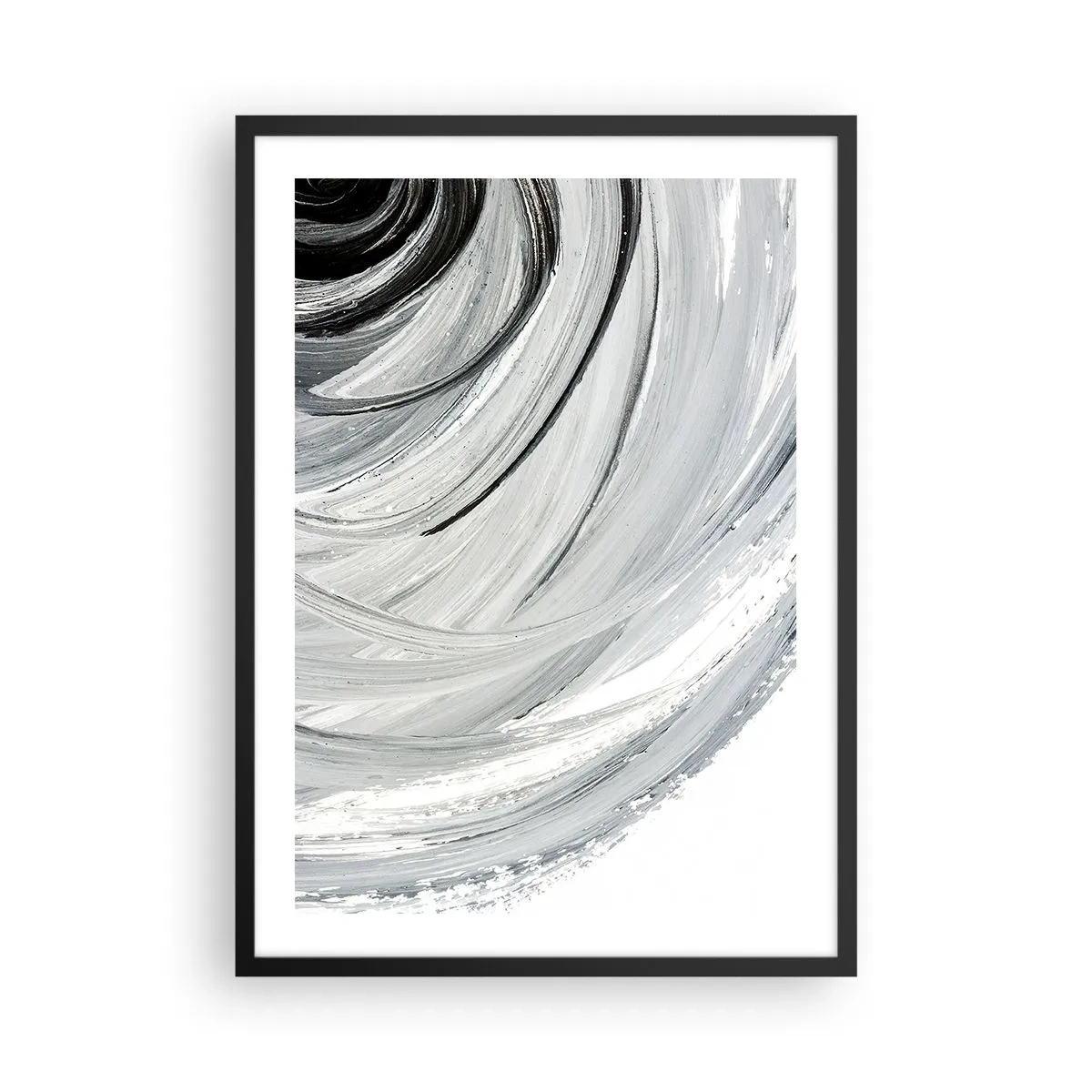 Plagát v čiernom ráme - Dynamická abstrakcia v odtieňoch čiernej, bielej a sivej - 50x70cm - Orbitálna kompozícia - Moderná nástenná dekorácia do obývacej izby a spálne ARTTOR