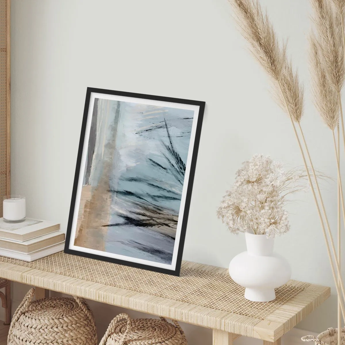 Plagát v čiernom ráme - Jemná abstrakcia inšpirovaná prírodou v tlmených farbách. - 50x70cm - Zimné polia - Moderná nástenná dekorácia do obývacej izby a spálne ARTTOR