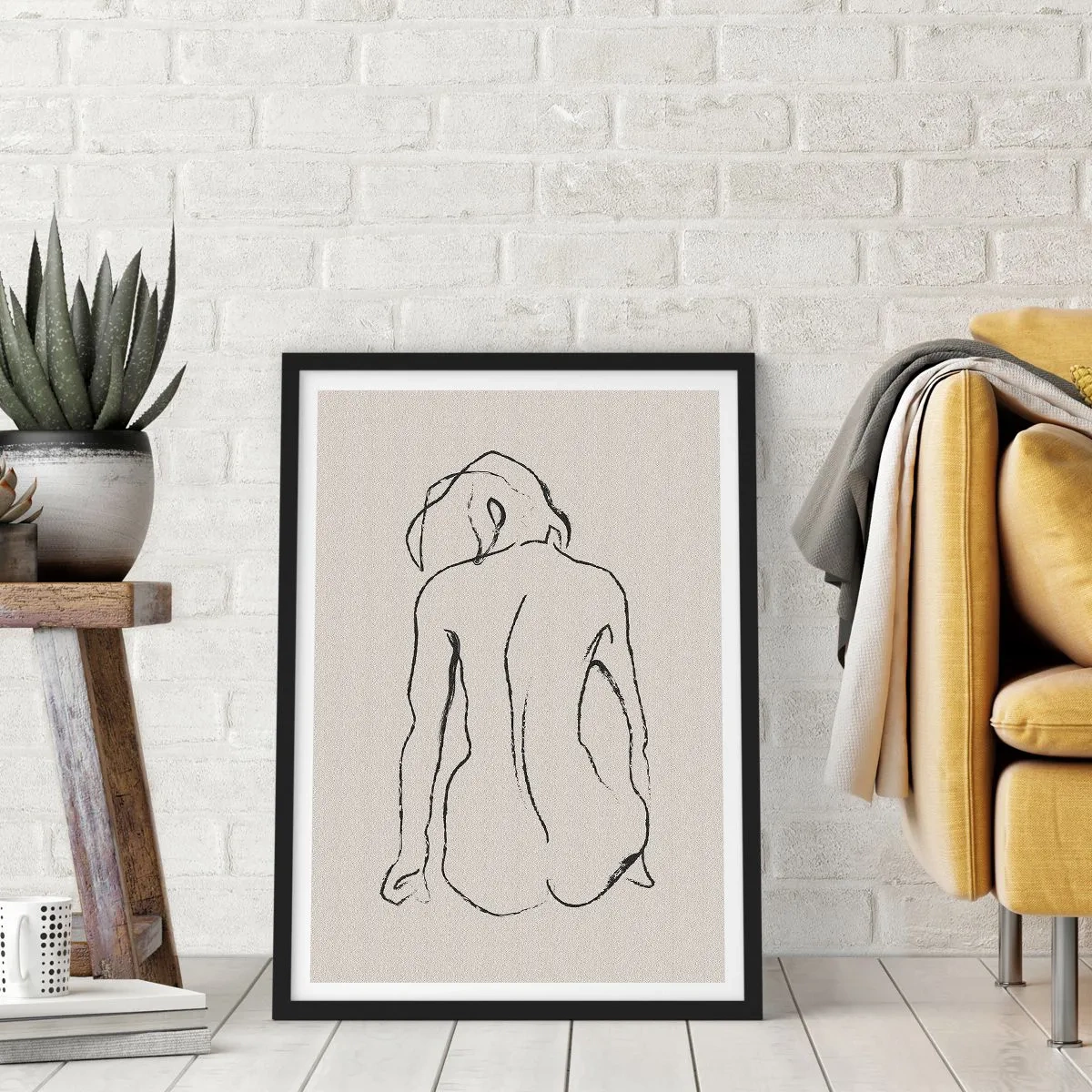 Plagát v čiernom ráme - Minimalistická skica nahej ženy sediacej dozadu. - 50x70cm - Dievčenský akt - Moderná nástenná dekorácia do obývacej izby a spálne ARTTOR