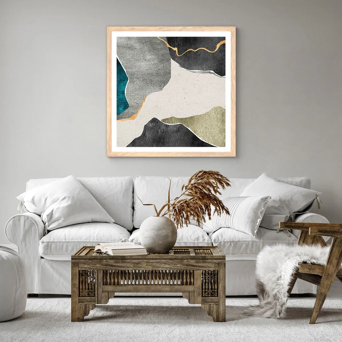 Plagát v ráme zo svetlého duba - Mozaiková kompozícia so zlatou niťou - 60x60 cm