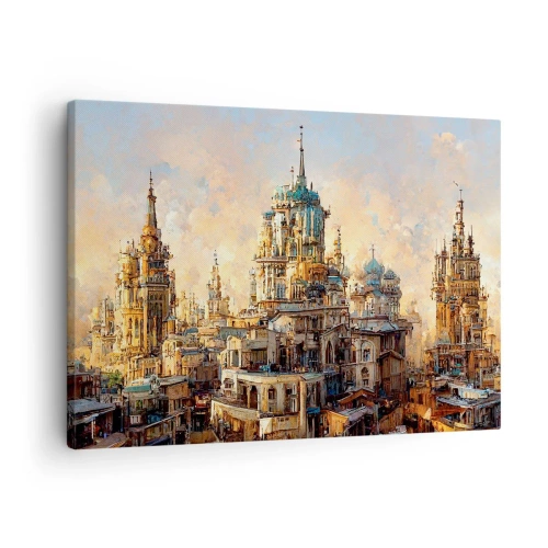 Obraz na plátne - Architektonické veže v lúčoch zapadajúceho slnka - 70x50cm - Mesto miest - Moderná nástenná dekorácia do obývacej izby a spálne ARTTOR