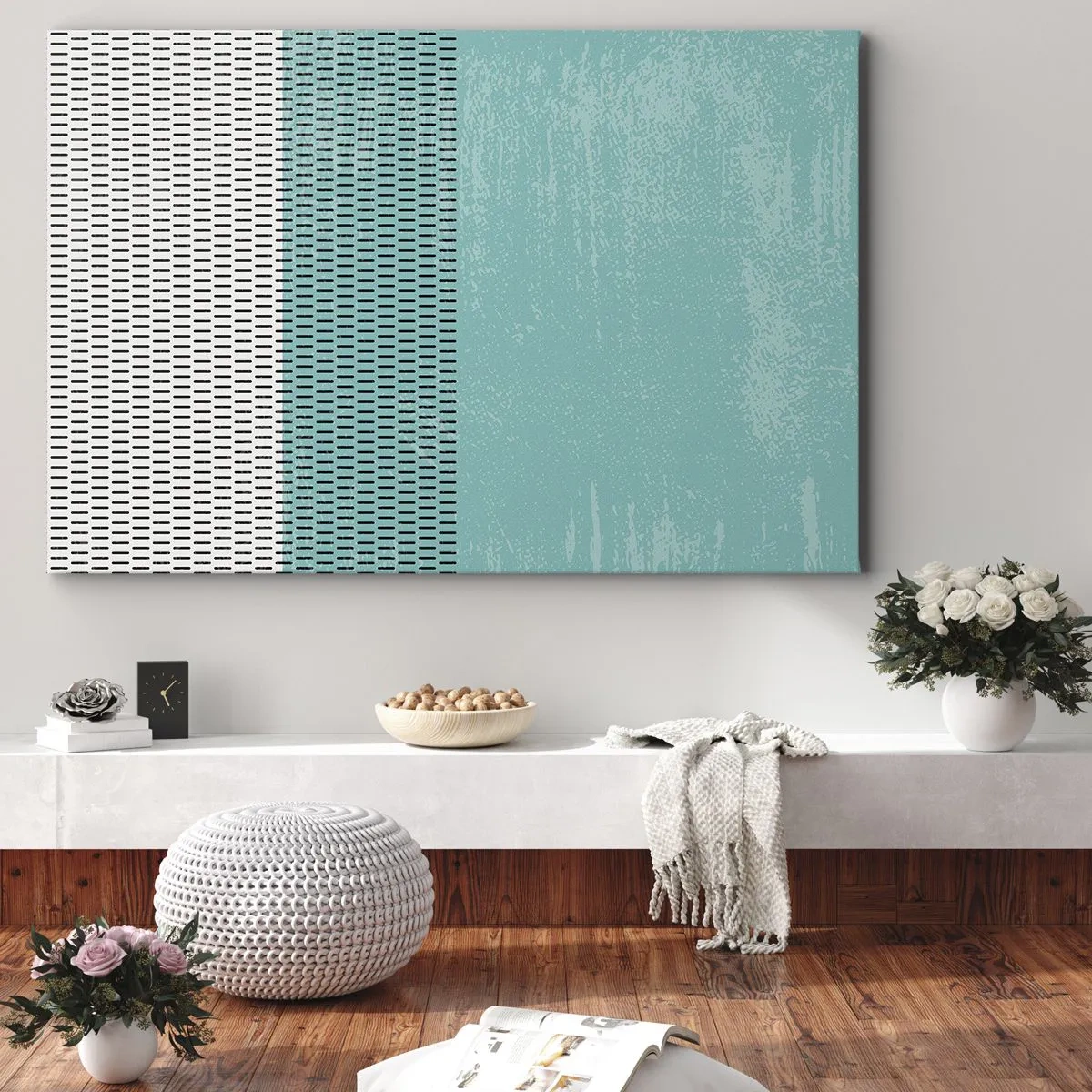 Obraz na plátne - Geometrická kompozícia s tyrkysovou a čiarami - 70x50cm - Vyvážená kompozícia - Moderná nástenná dekorácia do obývacej izby a spálne ARTTOR
