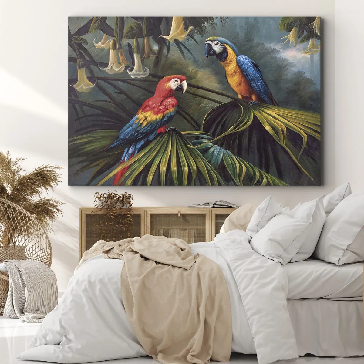 Obraz na plátne - Papagáje v tropickom lese s exotickými kvetmi v pozadí - 70x50cm - Romantizmus v trópoch - Moderná nástenná dekorácia do obývacej izby a spálne ARTTOR