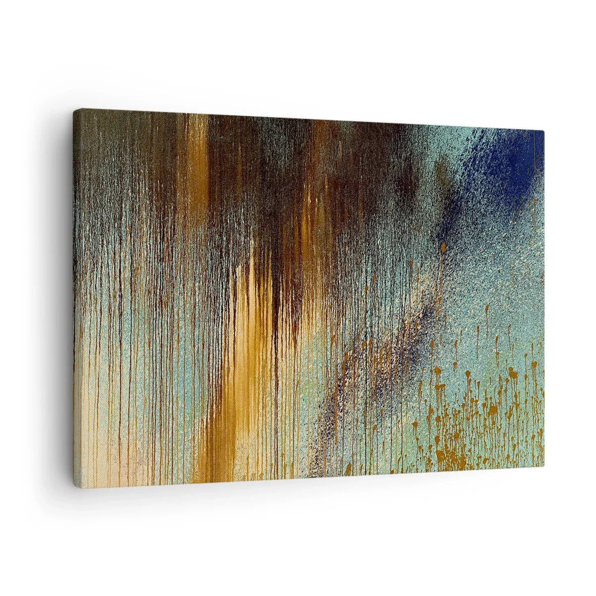 Obraz na plátne - Abstraktná kompozícia farieb v odtieňoch zlatej, hnedej a modrej. - 70x50cm - Nenáhodná farebná kompozícia - Moderná nástenná dekorácia do obývacej izby a spálne ARTTOR