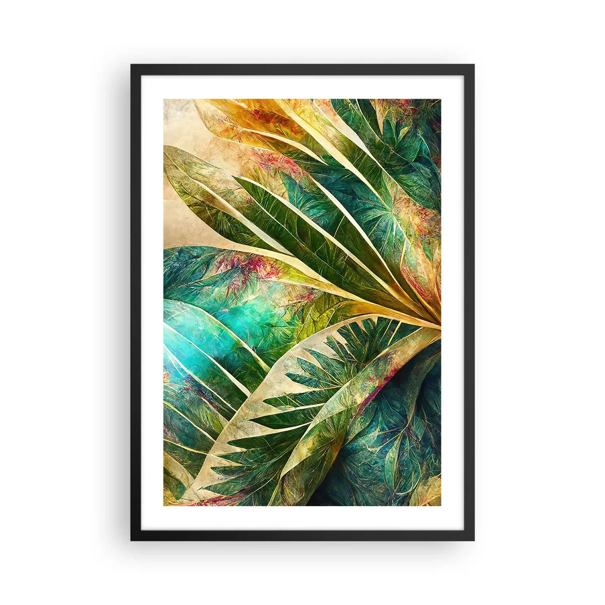 Plagát v čiernom ráme - Listová kompozícia v zelených a zlatých tónoch - 50x70cm - Farby trópov - Moderná nástenná dekorácia do obývacej izby a spálne ARTTOR