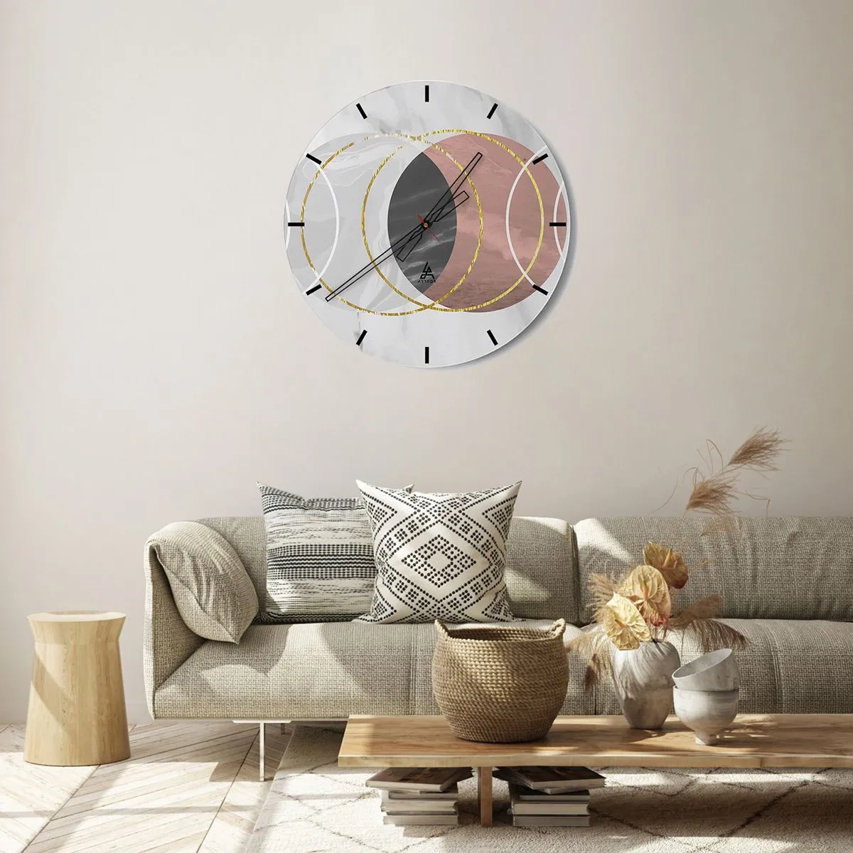 Nástenné hodiny - Geometrické kruhy v odtieňoch sivej a medi so zlatými akcentmi - 30x30cm - Hudba sfér - Moderná nástenná dekorácia do obývacej izby, kuchyne a spálne ARTTOR