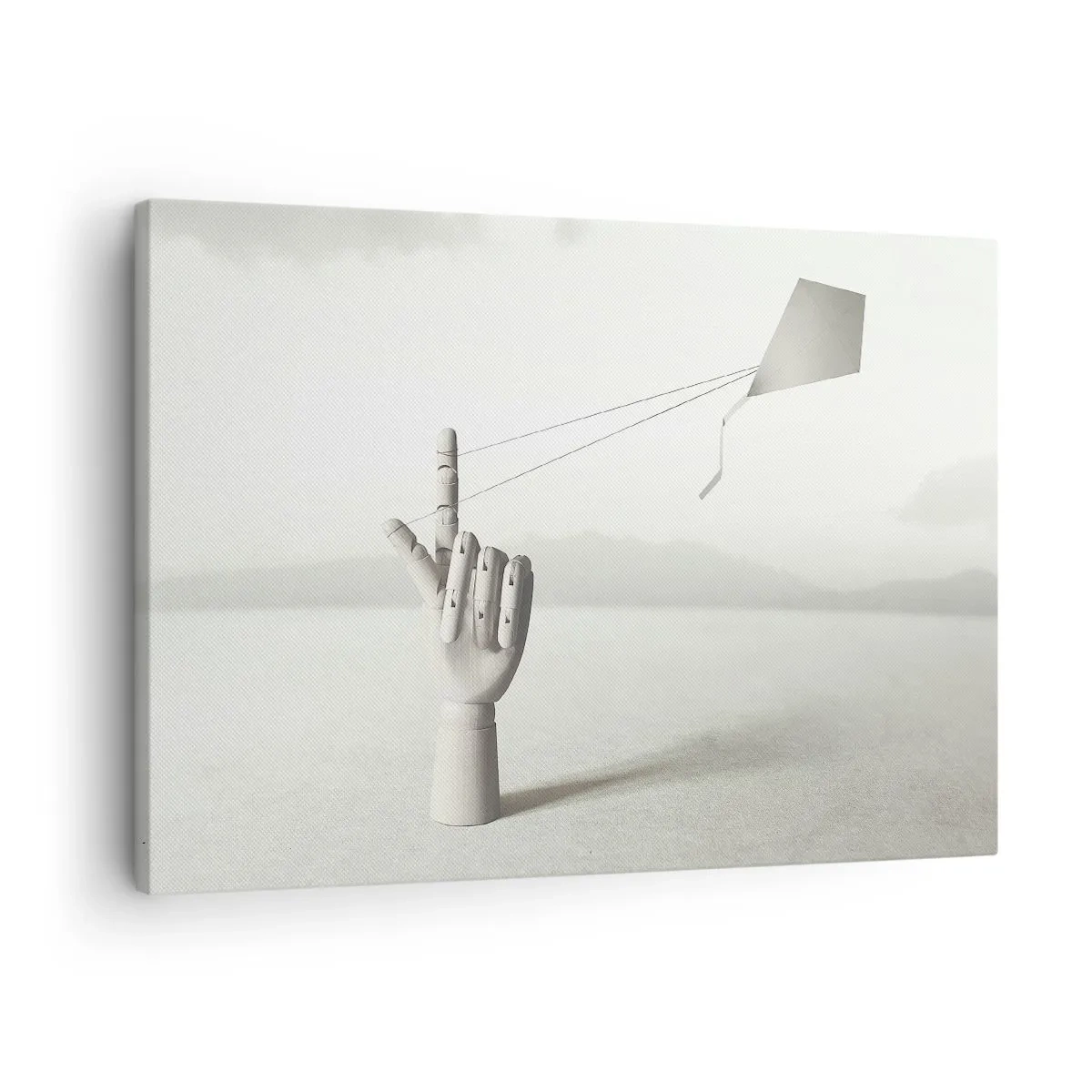 Obraz na plátne - Minimalistická drevená ruka s drakom na pozadí krajiny. - 70x50cm - Výzva - Moderná nástenná dekorácia do obývacej izby a spálne ARTTOR