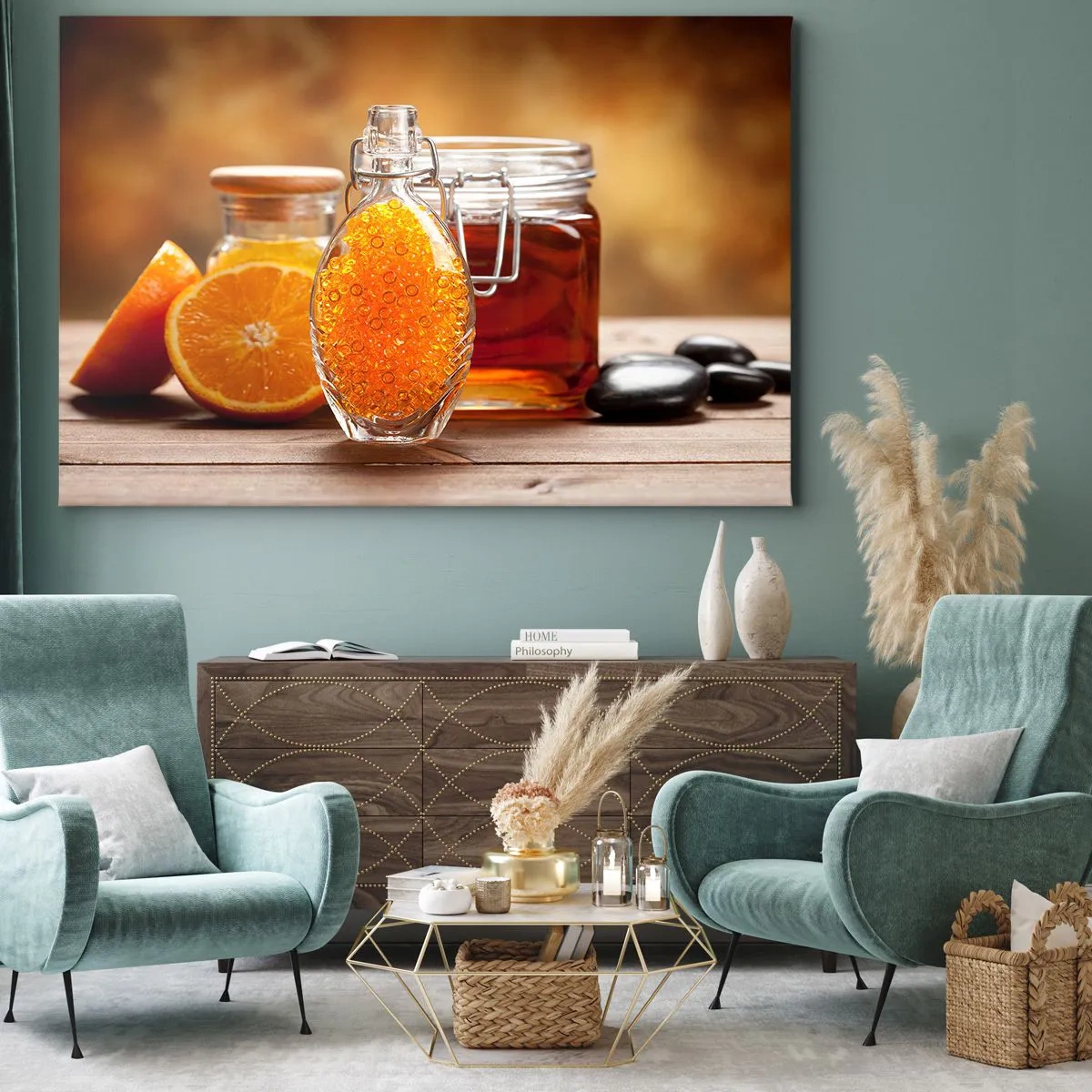 Obraz na plátne - Fľaša jantárovej tekutiny a čerstvé pomaranče - 70x50cm - Slnečné chute a arómy - Moderná nástenná dekorácia do obývacej izby a spálne ARTTOR