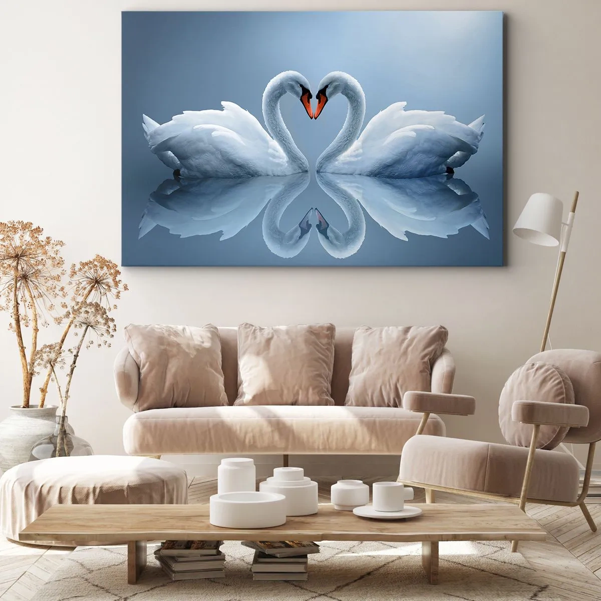 Obraz na plátne - Dve labute tvoriace srdce na pokojnej hladine vody - 70x50cm - Čas na lásku - Moderná nástenná dekorácia do obývacej izby a spálne ARTTOR