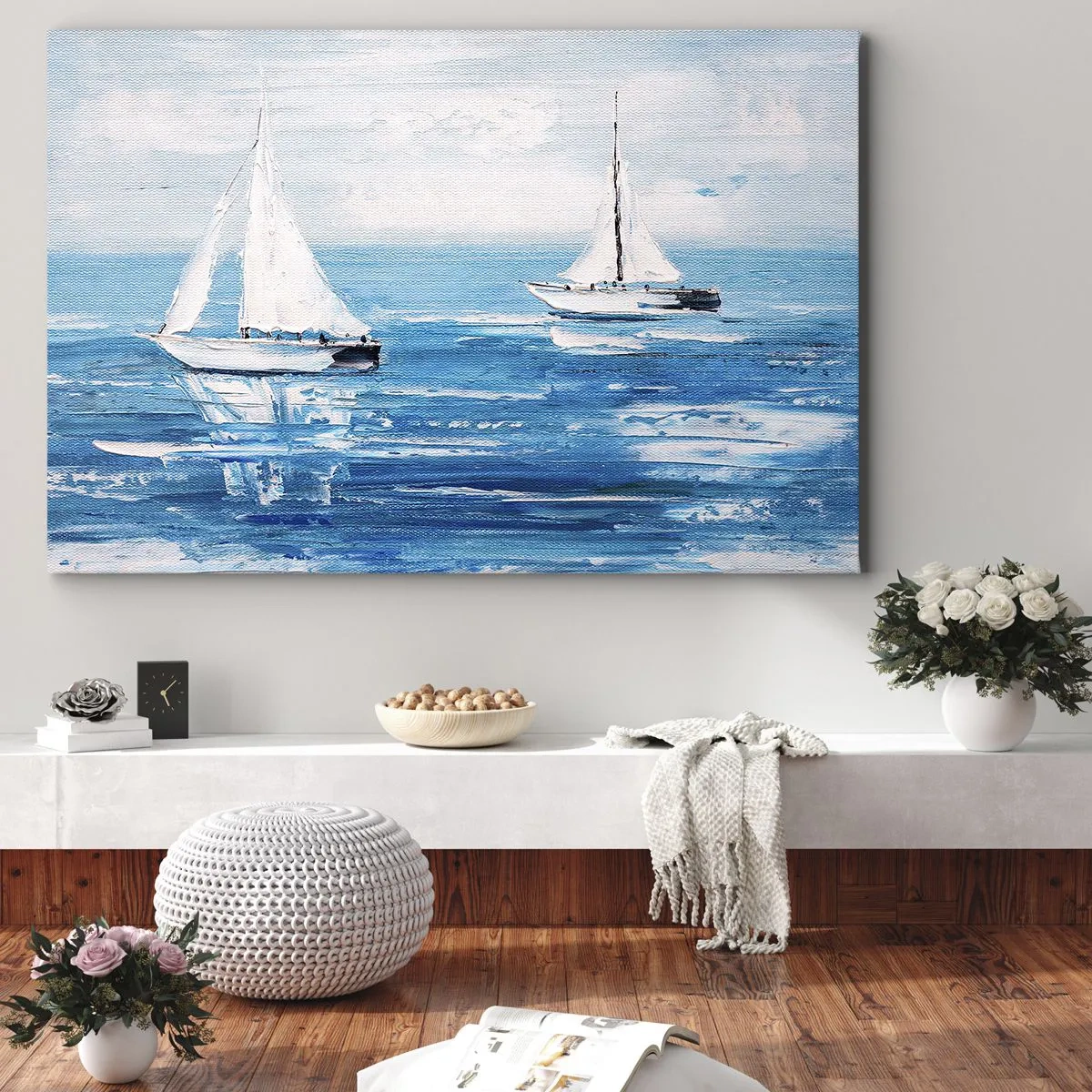 Obraz na plátne - Jachty na modrom mori v umeleckom štýle - 70x50cm - S priateľom po boku - Moderná nástenná dekorácia do obývacej izby a spálne ARTTOR