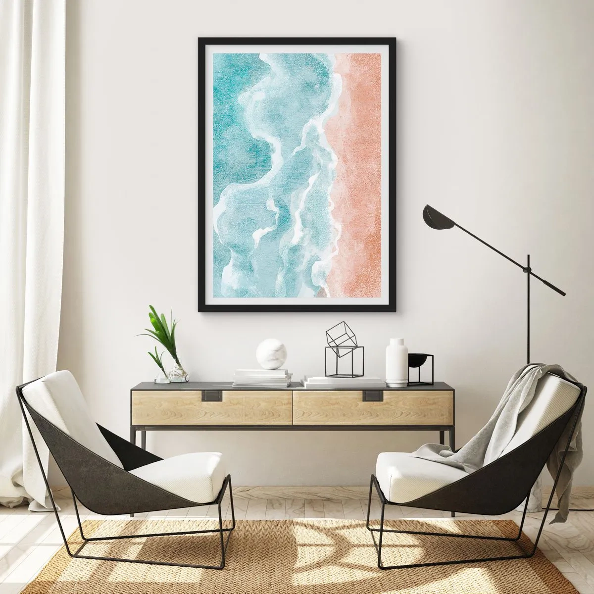 Plagát v čiernom ráme - Oceánske vlny sa stretávajú s piesočnatou plážou - 50x70cm - Abstrakcia mrakov - Moderná nástenná dekorácia do obývacej izby a spálne ARTTOR