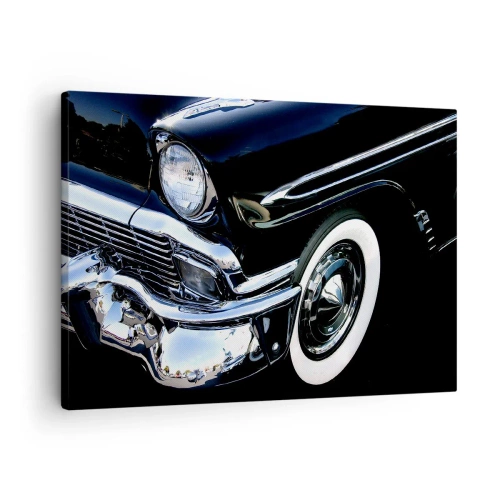 Obraz na plátne - Detailný záber svetlometu a blatníka čierneho klasického auta - 70x50cm - Klasika v striebornej, čiernej a bielej - Moderná nástenná dekorácia do obývacej izby a spálne ARTTOR