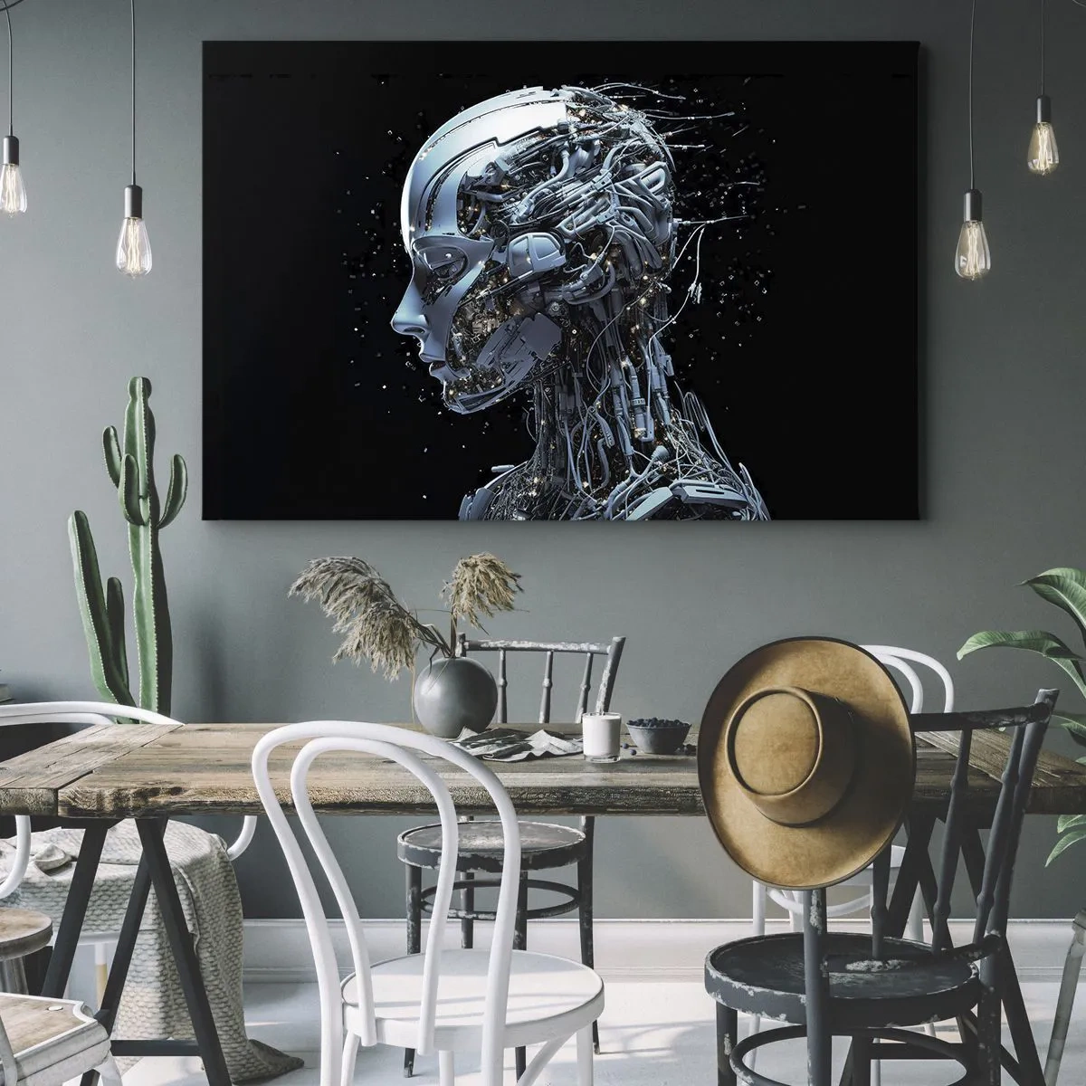 Obraz na plátne - Futuristický portrét kyborga v industriálnom štýle na čiernom pozadí. - 70x50cm - Technológia je žena - Moderná nástenná dekorácia do obývacej izby a spálne ARTTOR