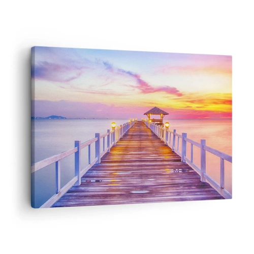 Obraz na plátne - Mólo nad vodou pri západe slnka v pastelových farbách - 70x50cm - Ľaliovo-zlaté ticho večera - Moderná nástenná dekorácia do obývacej izby a spálne ARTTOR