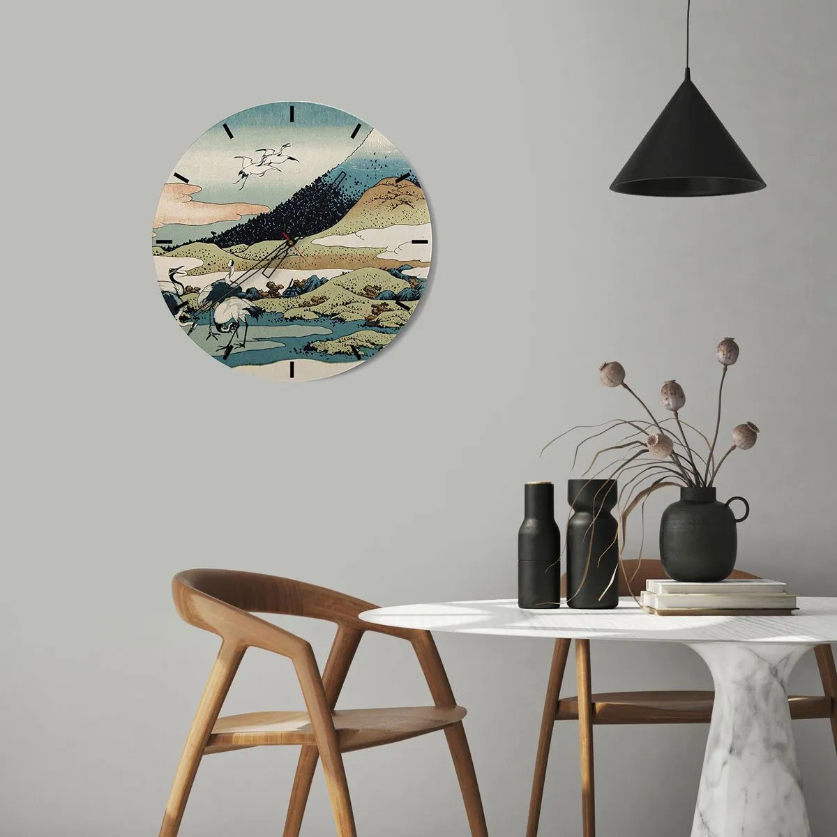 Nástenné hodiny - Japonská scéna s vtákmi na pozadí horskej krajiny - 30x30cm - V japonskom duchu - Moderná nástenná dekorácia do obývacej izby, kuchyne a spálne ARTTOR