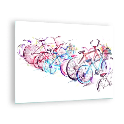 Obraz na skle - Farebné bicykle v štýle akvarelu - 70x50cm - Zjazd Antimoto klubu - Moderná nástenná dekorácia do obývacej izby a spálne ARTTOR