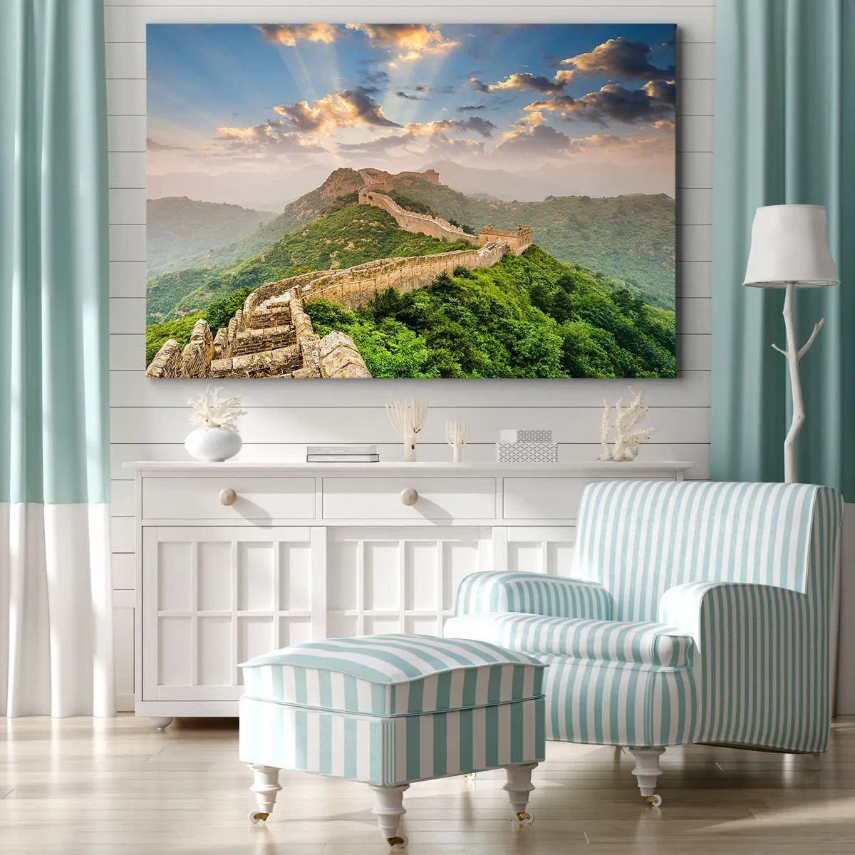 Obraz na plátne - Veľký čínsky múr osvetlený slnečným svetlom v malebnej krajine - 70x50cm - Nepominuteľná veľkosť - Moderná nástenná dekorácia do obývacej izby a spálne ARTTOR